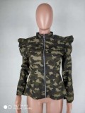 Winter Fashion Camouflage Print Zipper Ruffles Long Sleeve Jacket