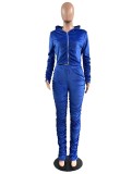 Winter Casual Blue Velvet Zipper Stacked Long Sleeve Top And Pant Wholesale Two Piece Clothing