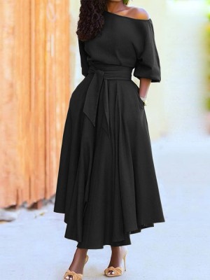 Spring Elegant Black Sloping Shoulder Half Sleeve With Belt Dress