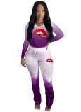 Spring Casual Purple Print Round Collar Long Sleeve Top And Pant Cheap Wholesale Two Piece Sets