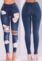 Spring Fashion Blue Ripped High Wasit Elastic Jeans