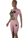 Summer Cute Sequins Print Pink Short Sleeve Top Wholesale Two Piece Short Set