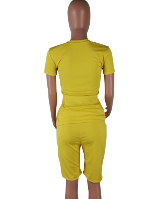 Summer Cute Sequins Print Yellow Short Sleeve Top Wholesale Two Piece Short Set