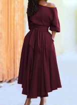 Spring Elegant Red Sloping Shoulder Half Sleeve With Belt Dress