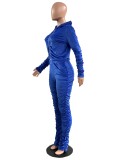 Winter Casual Blue Velvet Zipper Stacked Long Sleeve Top And Pant Wholesale Two Piece Clothing