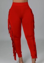 Spring Fashion Red High Waist Tassels Slim Pant
