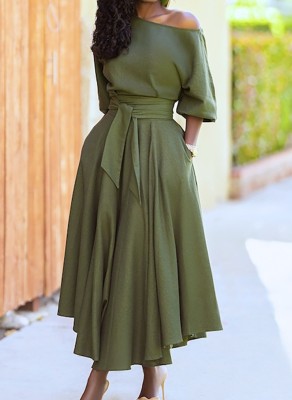 Spring Elegant Green Sloping Shoulder Half Sleeve With Belt Dress