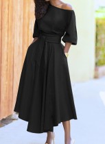 Spring Elegant Black Sloping Shoulder Half Sleeve With Belt Dress