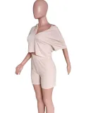 Summer Women Khaki Crop Top and High Waist Shorts Two Piece Set