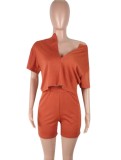 Summer Women Orange Crop Top and High Waist Shorts Two Piece Set
