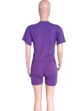 Summer Women Purple Crop Top and High Waist Shorts Two Piece Set