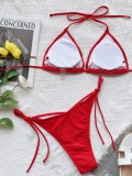 Women Red Two Piece Strappy Sexy Halter Swimwear