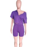 Summer Women Purple Crop Top and High Waist Shorts Two Piece Set