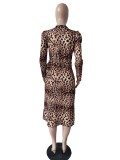 Spring Women Round Neck Leopard Print Belted Midi Dress
