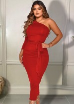 Spring Women Red One Shoulder Belted Midi Dress