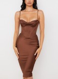 Summer Women Brown Bustier Midi Strap Club Dress