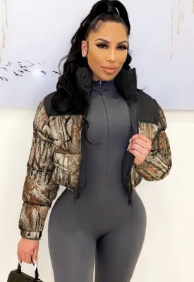 Winter Women Print Long Sleeve Zipper Fly Cropped Downcoat