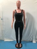 Spring Women Black Leather Vest and Stack Pants Two Piece Set