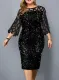 Spring Women Black Sequins Puff Sleeve Mature Midi Evening Dress