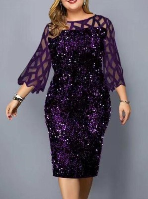 Spring Women Purple Sequins Puff Sleeve Mature Midi Evening Dress