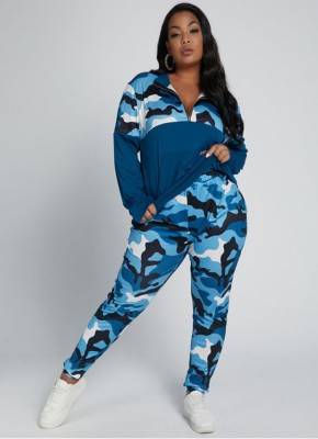 Spring Women Blue Camo Print Shirt and Pants Two Piece Set