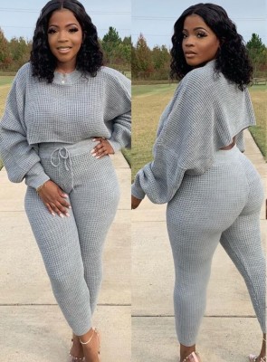 Spring Women Grey Puff Sleeve Crop Top and Tight Pants Two Piece Set