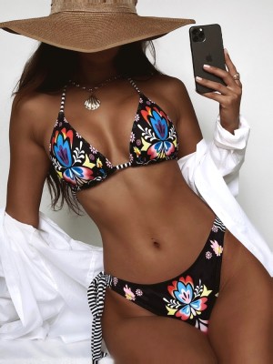 Women Black Print Two Piece Strappy Sexy Halter Swimwear