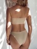 Women Beige Two Piece Strapless Ruffle Swimwear