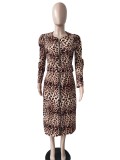 Spring Women Round Neck Leopard Print Belted Midi Dress