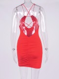 Summer Women Red Pleated Keyhole Halter Mini Club Dress
