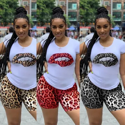 Summer Women Leopard Print Shirt and Biker Shorts Two Piece Set