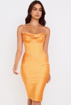 Summer Women Orange Bustier Midi Strap Club Dress