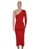 Spring Women Red One Shoulder Belted Midi Dress