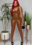 Spring Women Brown Leather Vest and Stack Pants Two Piece Set