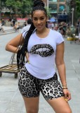 Summer Women Leopard Print Shirt and Biker Shorts Two Piece Set