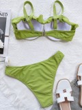 Women Green Two Piece Wired Strap Ruffle Swimwear