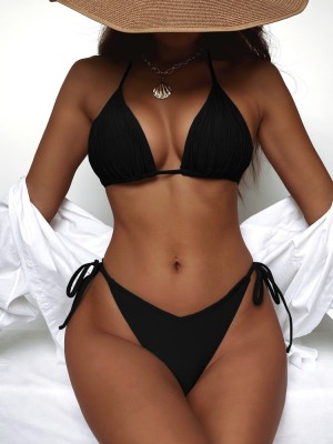 Women Black Two Piece Strappy Sexy Halter Swimwear