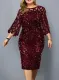 Spring Women Red Sequins Puff Sleeve Mature Midi Evening Dress