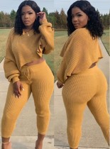 Spring Women Yellow Puff Sleeve Crop Top and Tight Pants Two Piece Set