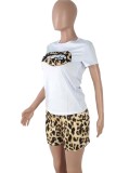 Summer Women Leopard Print Shirt and Biker Shorts Two Piece Set