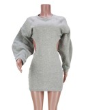 Spring Women Grey Round Neck Hollow Out Puff Sleeve Sweatshirt Dress