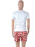 Summer Women Leopard Print Shirt and Biker Shorts Two Piece Set