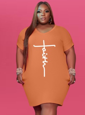 Summer Women Orange Print Round Neck Short Sleeves Plus Size Shirt Dress