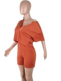 Summer Women Orange Crop Top and High Waist Shorts Two Piece Set