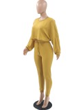 Spring Women Yellow Puff Sleeve Crop Top and Tight Pants Two Piece Set