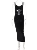 Winter Women Sexy Black Velvet Hollow Out Ruched Straps Slim Long Dress