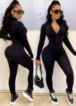 Spring Women Sexy Black Zipper Up Long Sleeve Fitness Jumpsuit