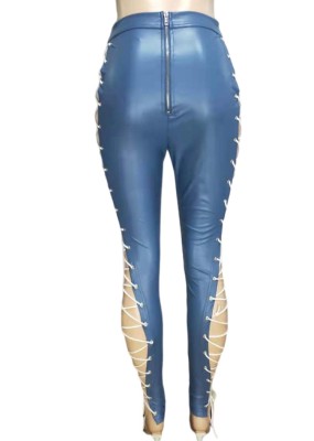 Summer Women Sexy Blue Side Lace Up Hollow Out High Waist Slim PU Leather Pants