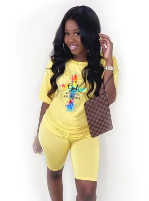 Summer Women Casual Printed Yellow Round Neck Short Sleeve T-shirt and Midi Shorts Two Piece Set Wholesale Biker Shorts Set