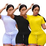 Summer Women Casual Yellow Short Sleeve T-shirt and Match Shorts Wholesale Two Piece Short Set